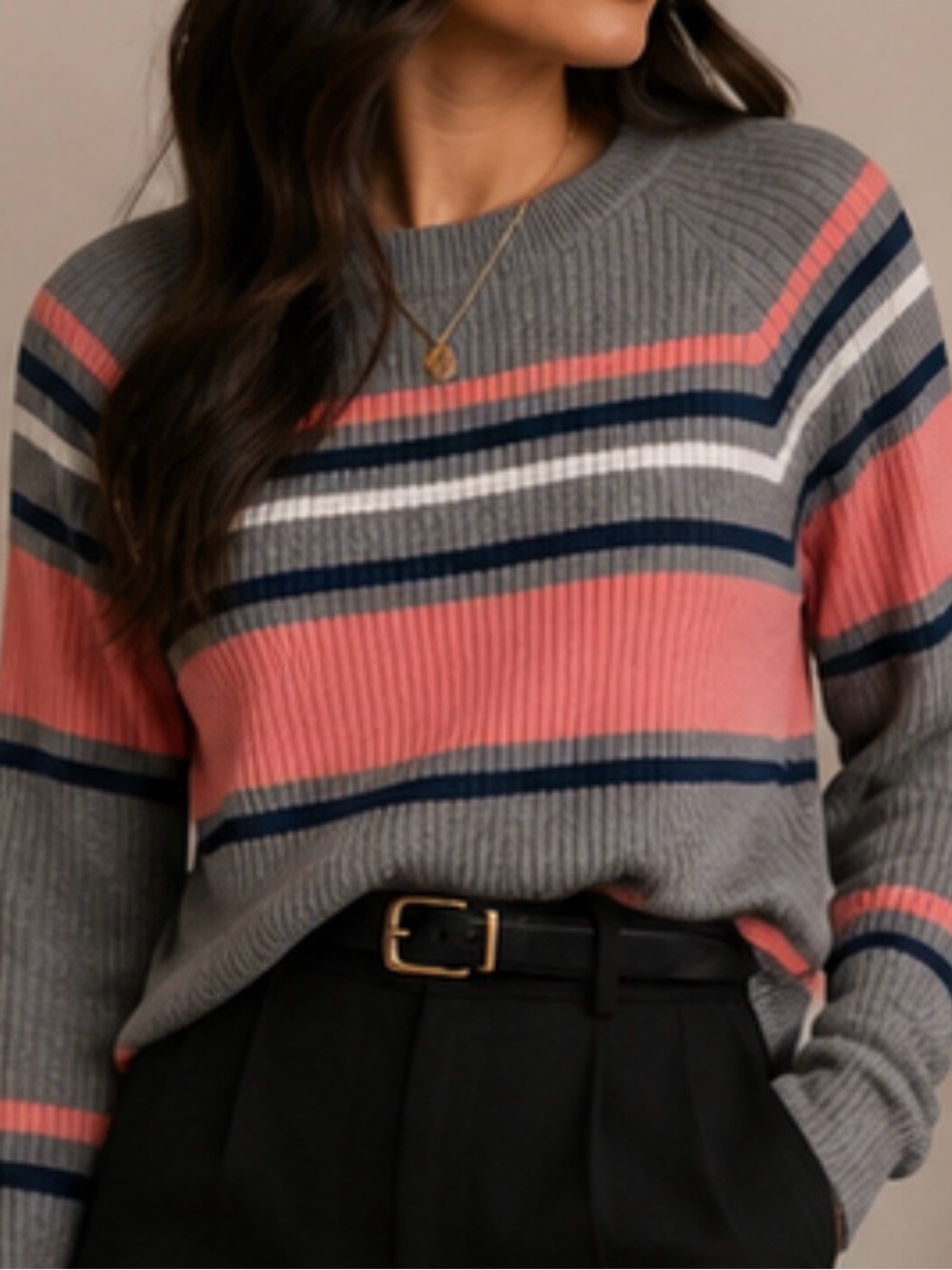Fashion Nova Gray Pink Striped Ribbed Knit Sweater Size runs small 1X